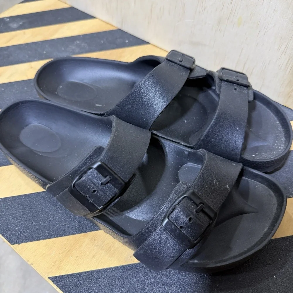 Black Double Strap Slide Sandals Womens Size 11 Buckle‎ Comfort Casual Slip On